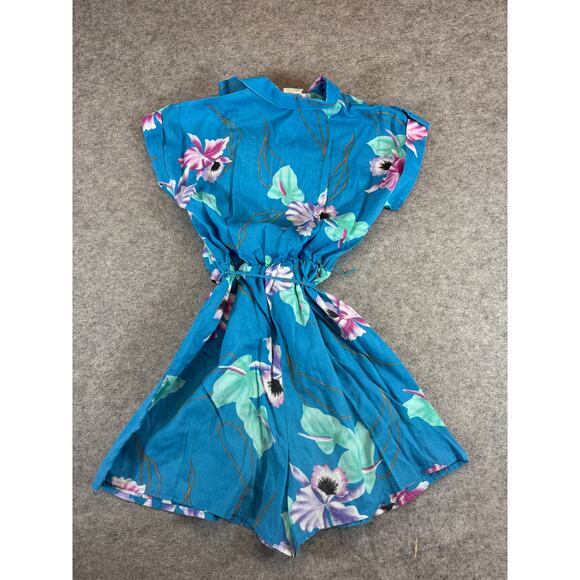 VINTAGE 80s LA Chic Mini Shirt Dress Girls Size 14 Blue Floral Tropical Beach - Picture 2 of 6